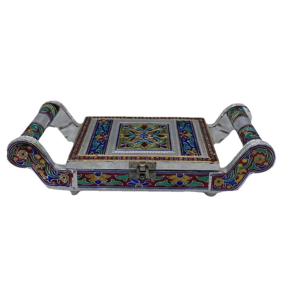 Vintage Meenakari Indian Silver Foil Snack Tray 12.5x4.5 Decorative Traditional